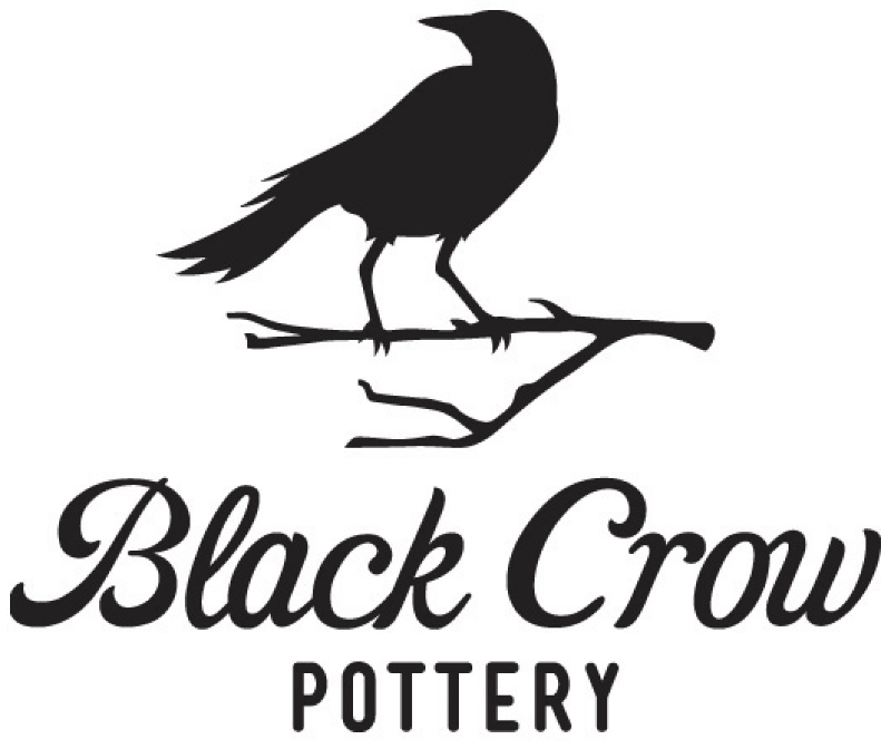 Black crow pottery logo that includes text and a sillhouete of a crow sitting on a branch.