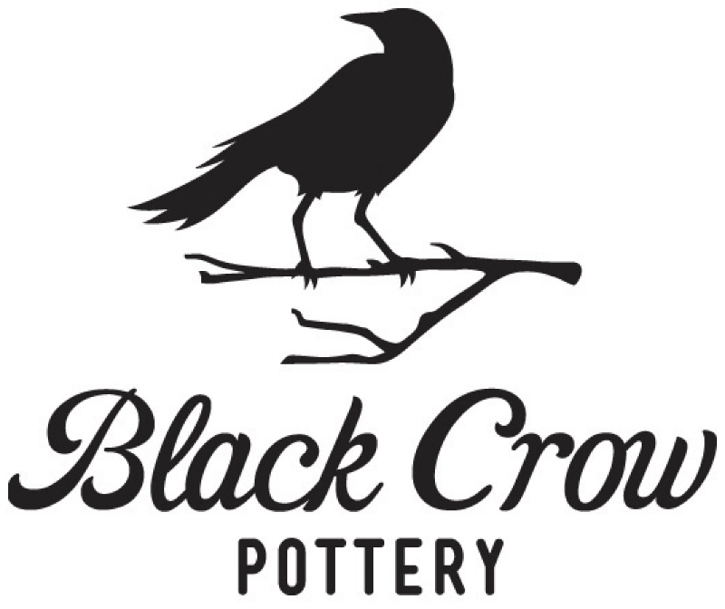 Black crow pottery logo that includes text and a sillhouete of a crow sitting on a branch. 